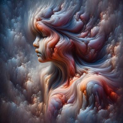 The primary subject of the image is a woman's face, which is the main focus of the image. The setting is a cloudy sky, and the visual style is digital art. The colors and mood of the image are predominantly orange and red, creating a warm and vibrant atmosphere.